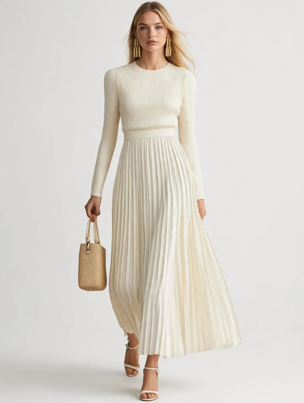 Ribbed Knit Pleated Midi Dress worn by a model, full length studio photo