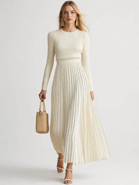 Ribbed Knit Pleated Midi Dress worn by a model, full length studio photo
