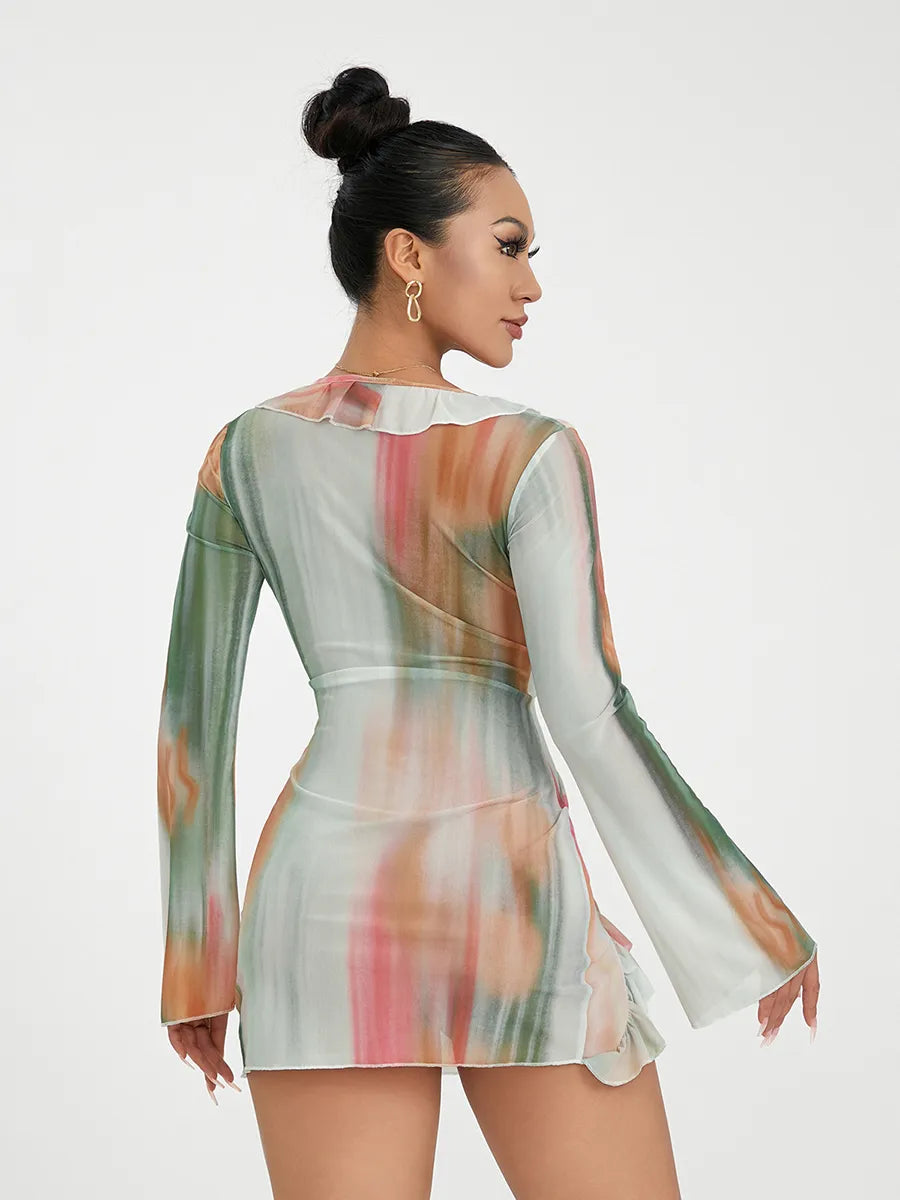 VIRGIN BADDIE:
Women Mini Dress Long Sleeve Lacing Tie-dye Print Patchwork Slit