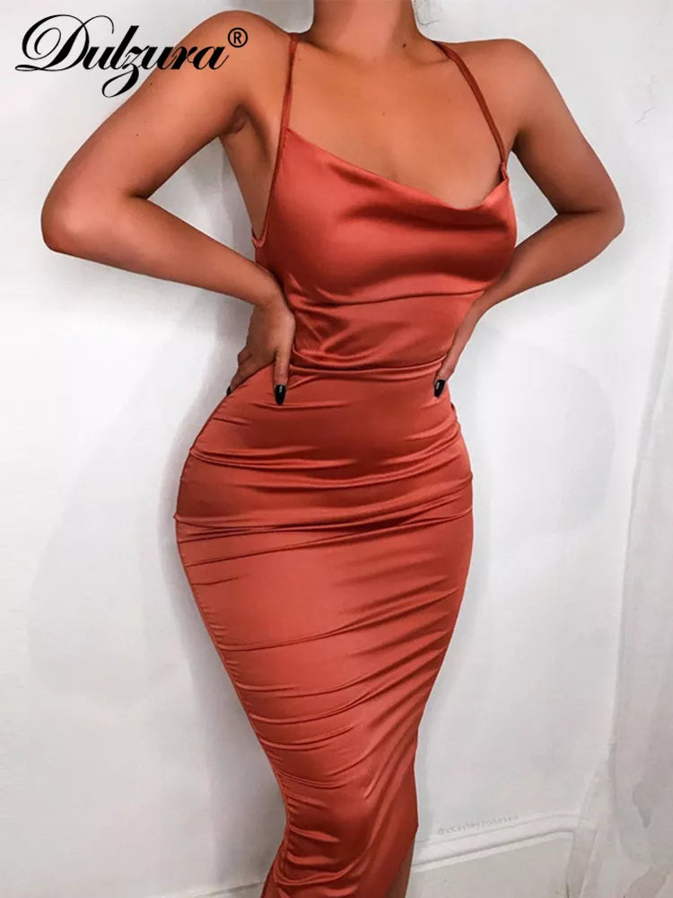 CHRISTY: Satin Laced up Women Bodycon Long Midi Dress 
Sleeveless 
Backless