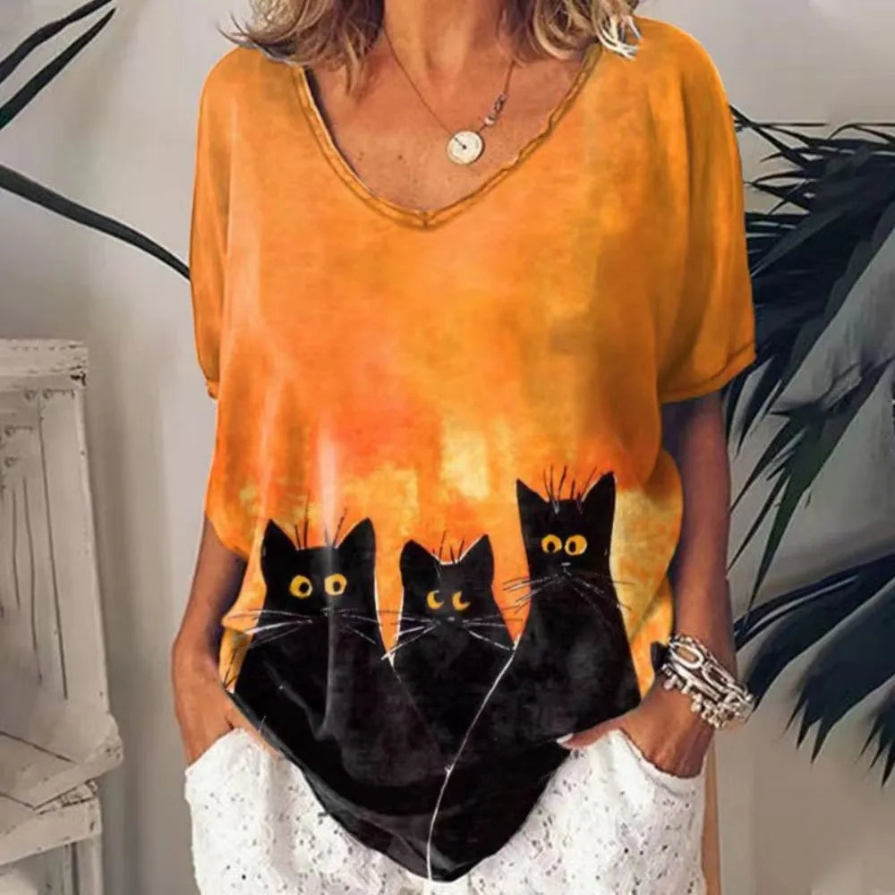 Retro Women's Anime Cat Graphic Oversized Blouse