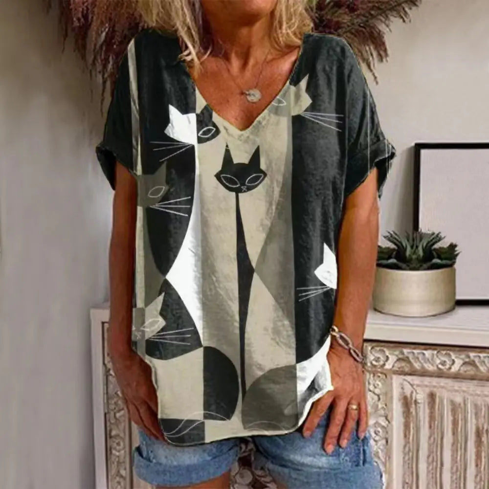 Retro Women's Anime Cat Graphic Oversized Blouse