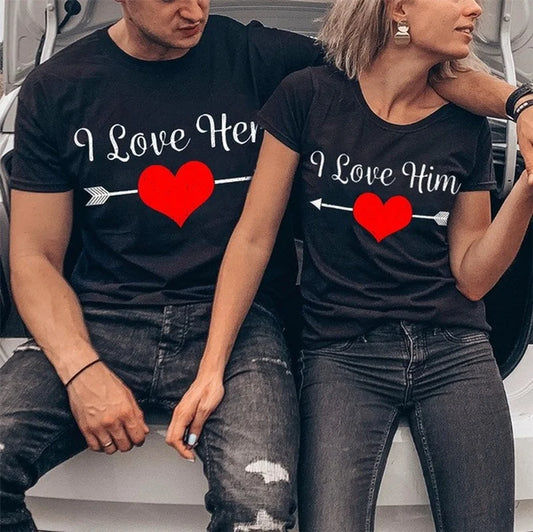 Valentines King Queen Couples T-Shirts I Love Her Him Heart  Print