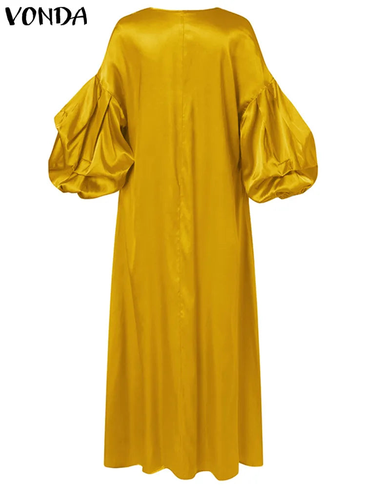 DANIELLA: Satin Maxi Lantern Sleeve Solid Party Sundres
Casual Loose V-Neck Bohmeian Evening Robe