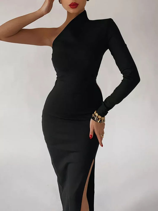 I HAVE IT ALL: Long Elegant Dress for Women Summer One Shoulder Maxi Dress Bodycon Sexy Black Slit Fomal
