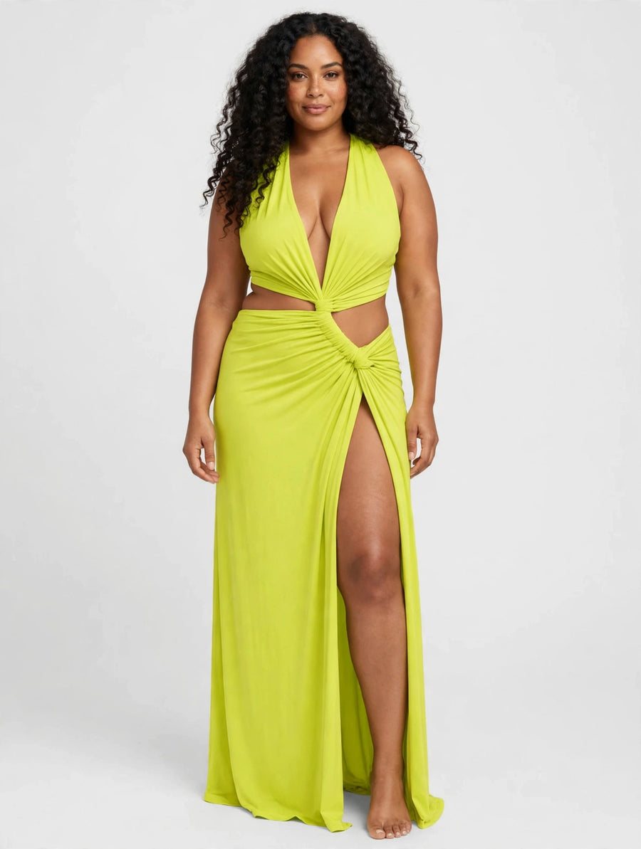 Full Size Sleeveless Plunge Knot Cutout High Slit Maxi Dress Plus Size
