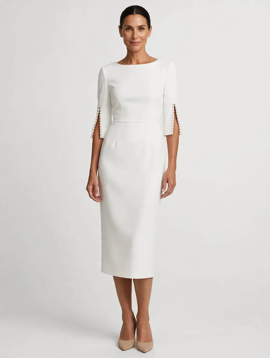 Slim-Fit Elegant Midi Dress with Beaded Slit Sleeve