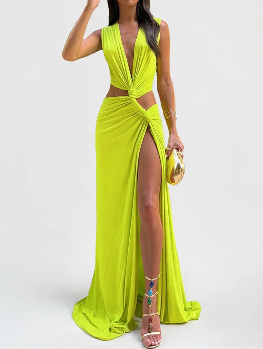 Full Size Sleeveless Plunge Knot Cutout High Slit Maxi Dress Plus Size