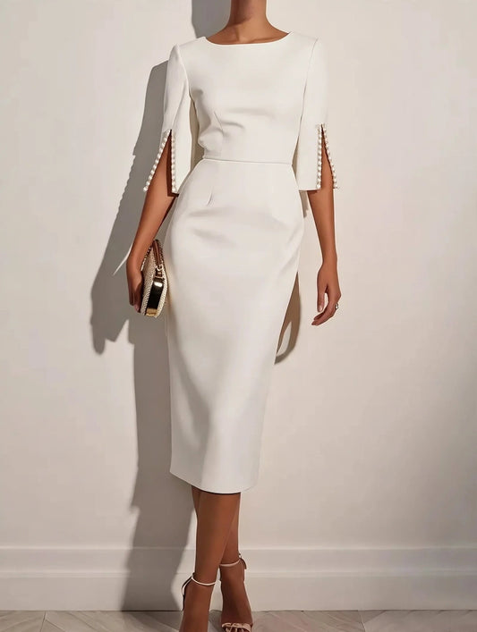Slim-Fit Elegant Midi Dress with Beaded Slit Sleeve