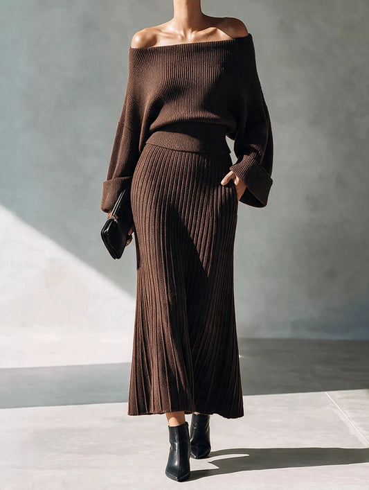 Elegant Off-Shoulder Ribbed Knit Top and Skirt Set