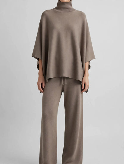 Elegant Turtleneck Poncho Sweater and Wide-Leg Knit Pants Set
