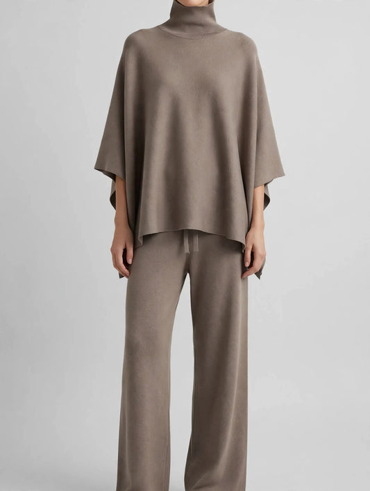 Elegant Turtleneck Poncho Sweater and Wide-Leg Knit Pants Set