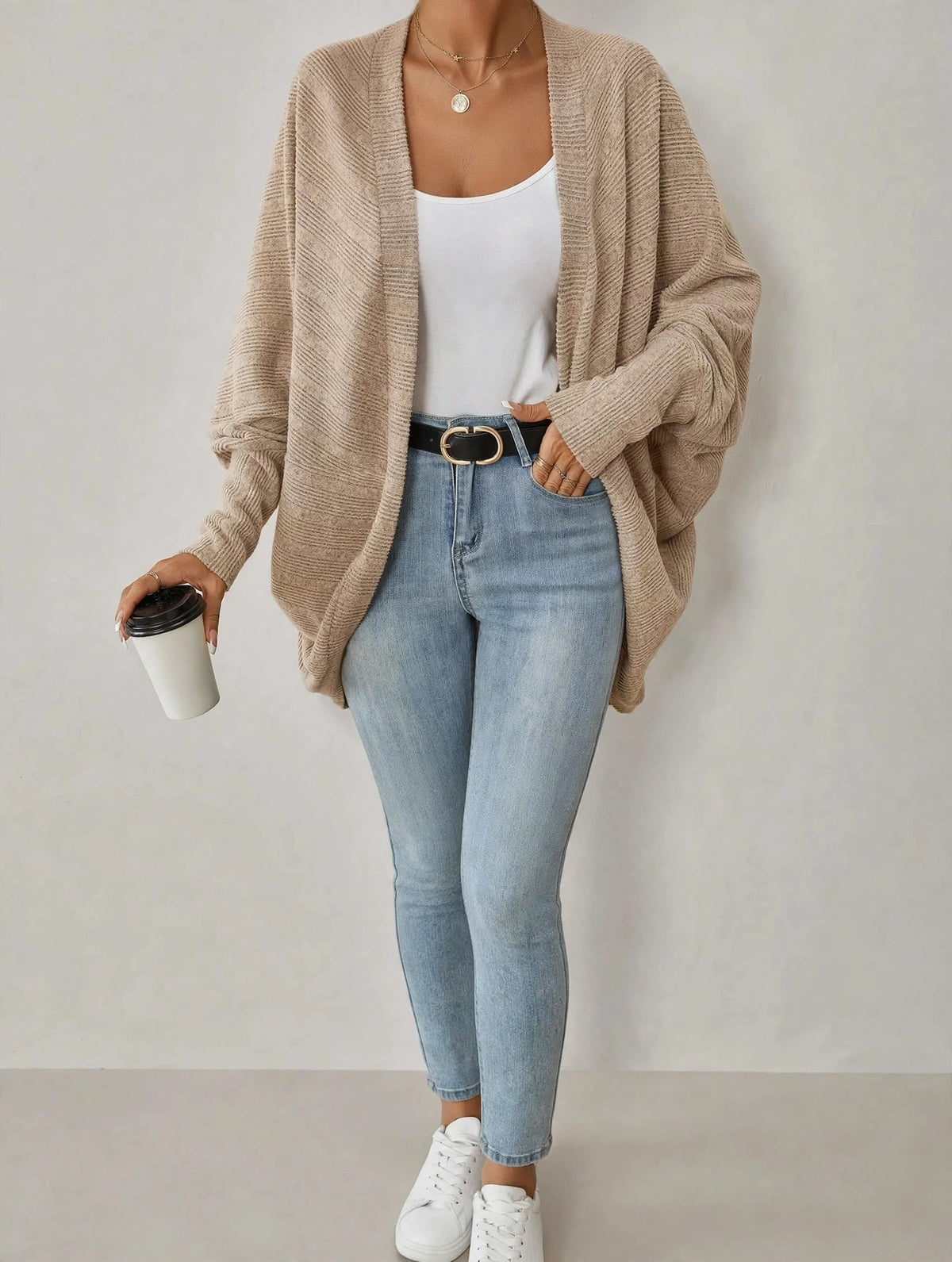 Casual Open Front Batwing Sleeve Ribbed Knit Cardigan
