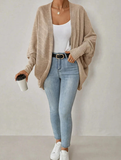 Casual Open Front Batwing Sleeve Ribbed Knit Cardigan