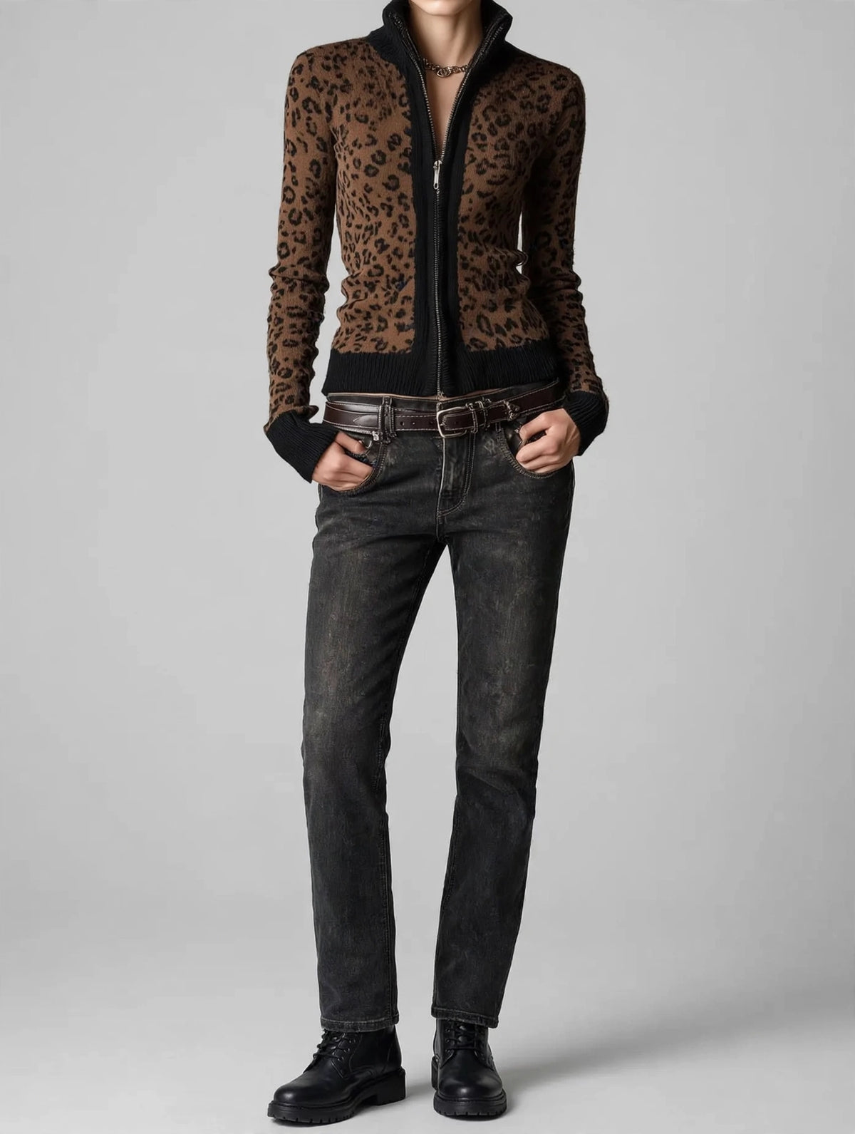 Leopard Print Knit Zip-Up Outerwear