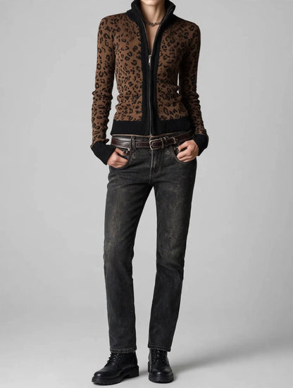 Leopard Print Knit Zip-Up Outerwear