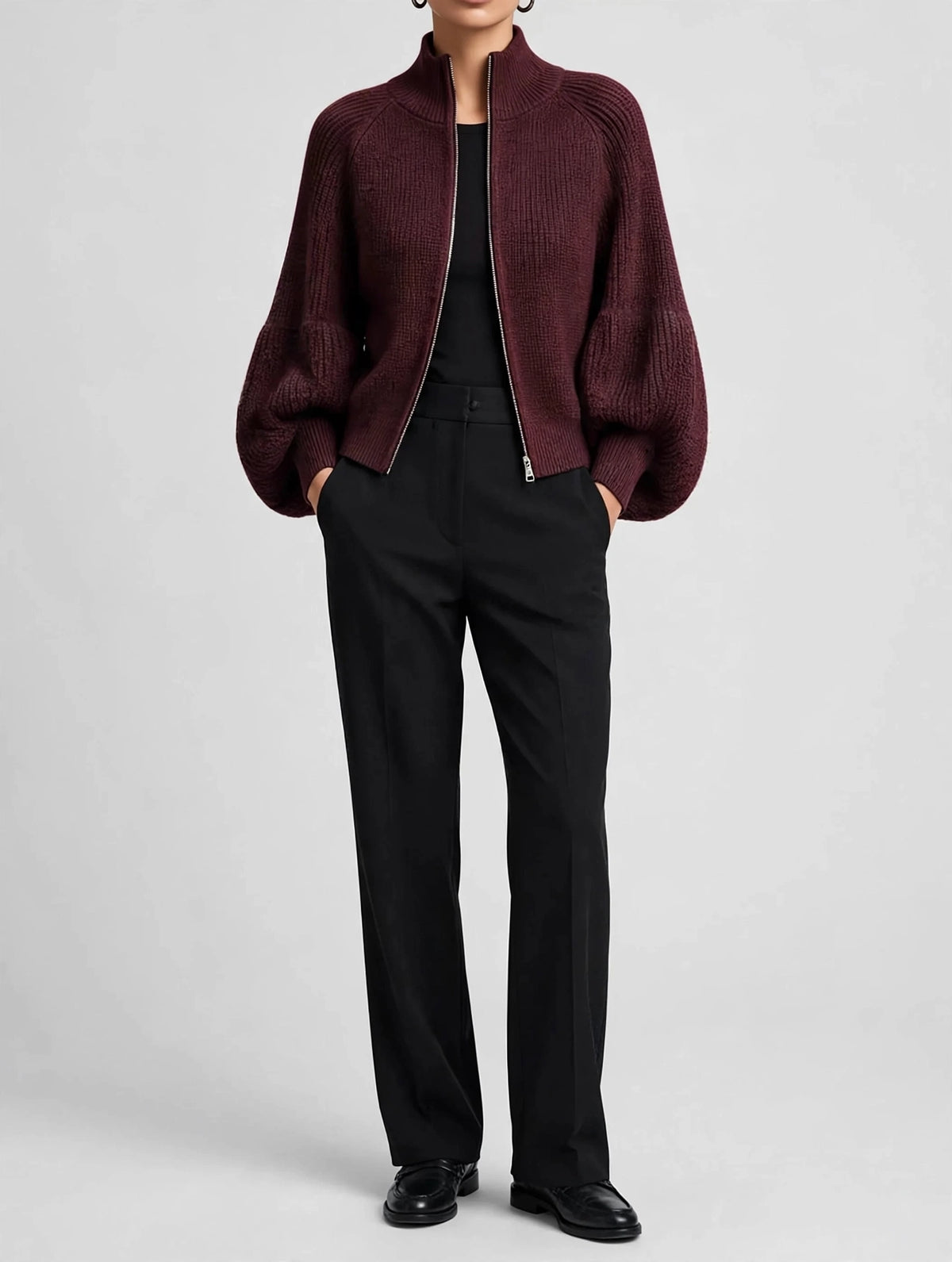 Ribbed Knit Zip-Up Cardigan with Lantern Sleeves