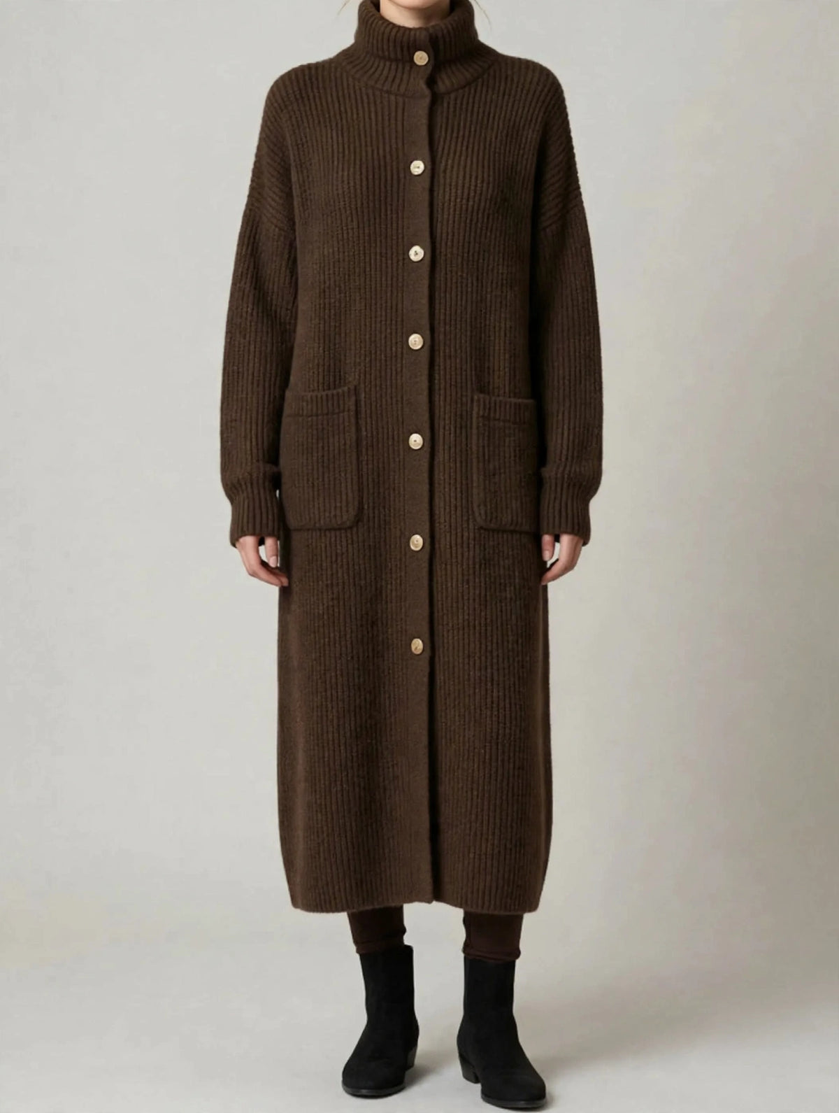 Ribbed Knit Turtleneck Button Up Longline Cardigan