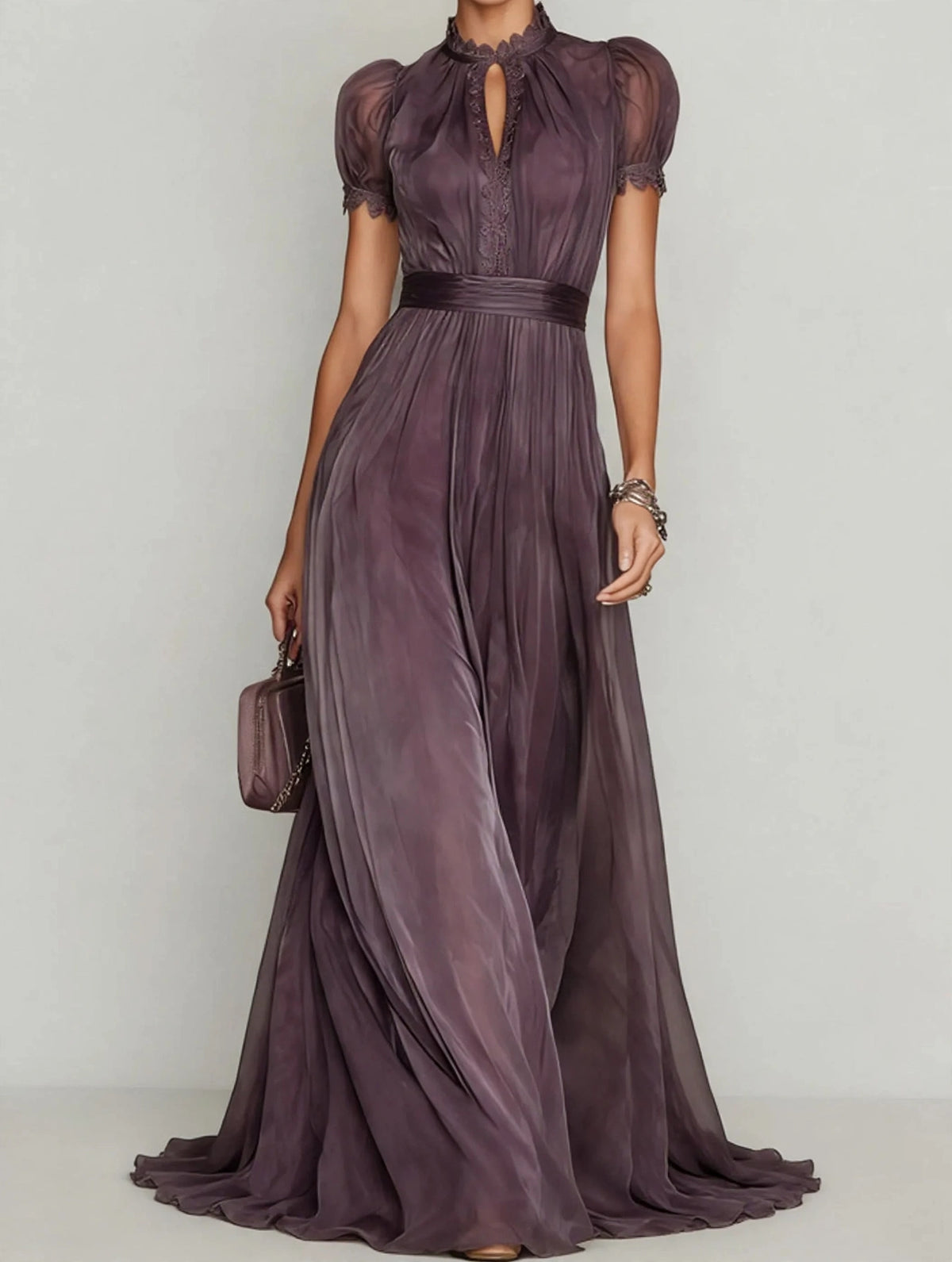 Full Size Elegant Sheer Chiffon Mock-Neck Maxi Dress with Keyhole Detail Plus Size