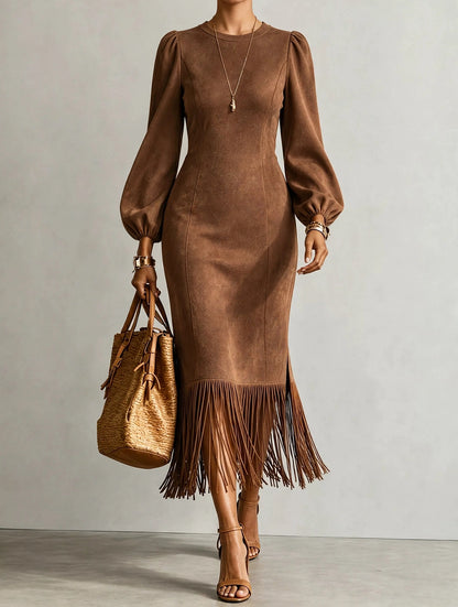 Fringe Balloon Sleeve Midi Dress