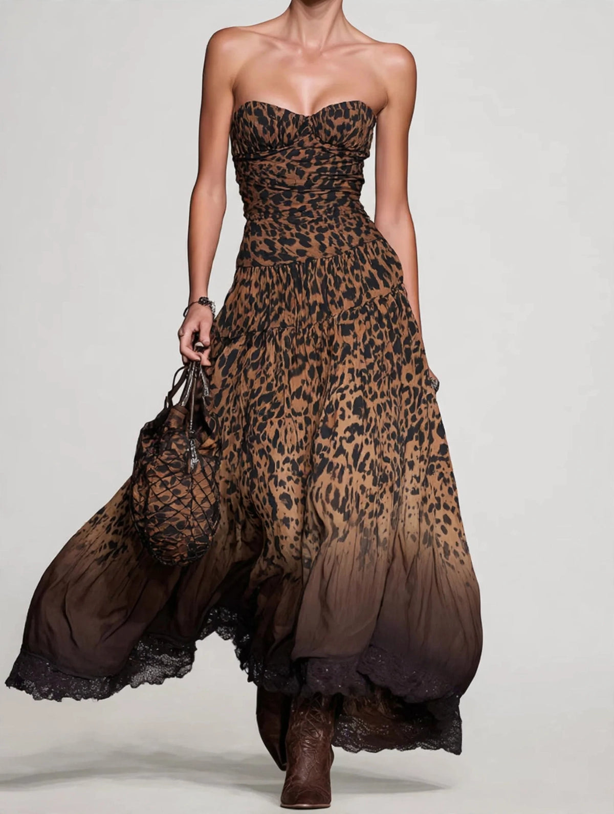 Strapless Leopard Print Maxi Dress