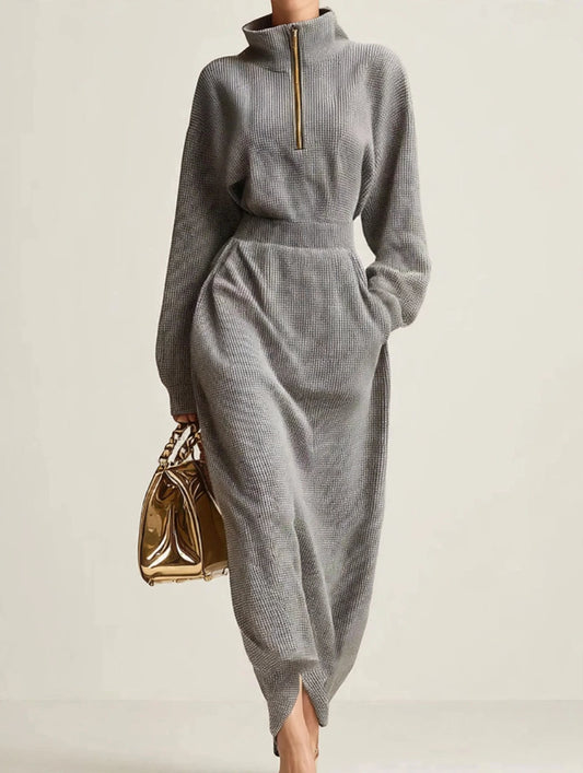 Waffle Knit Quarter-Zip Midi Dress