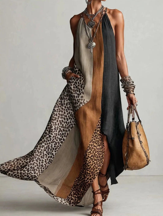 Color-Block Leopard Print Sleeveless Maxi Dress