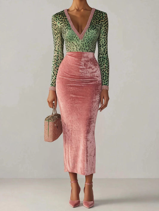Velvet Leopard Long-Sleeve Midi Dress