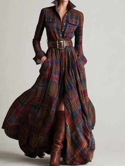 Full Size Plaid Long Sleeve Shirt Maxi Dress Plus Size