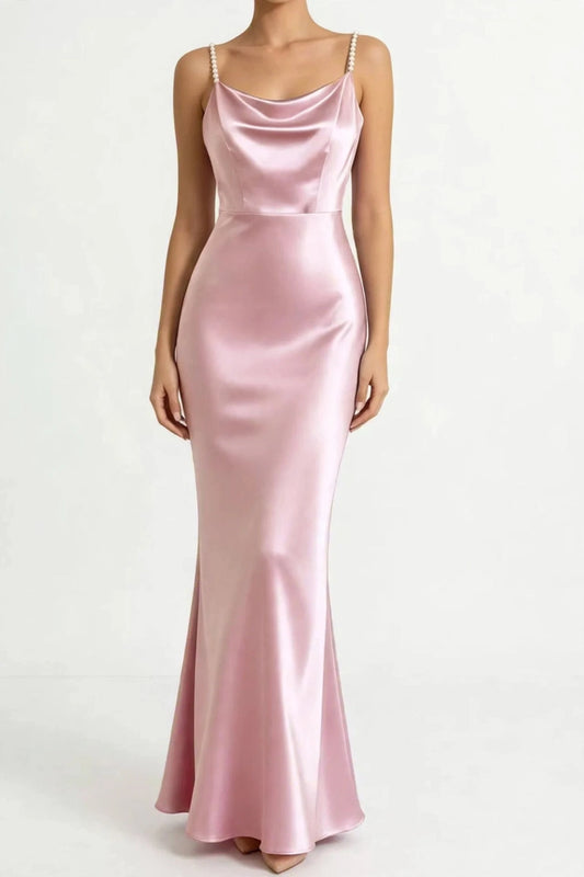 Pearl Strap Cowl Neck Satin Maxi Dress
