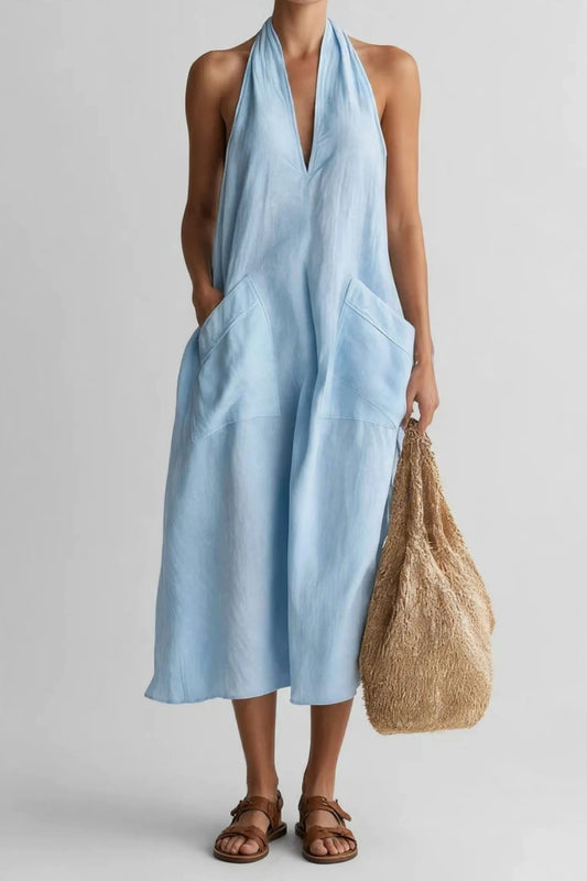 Casual Halter Neck Pocket Midi Dress