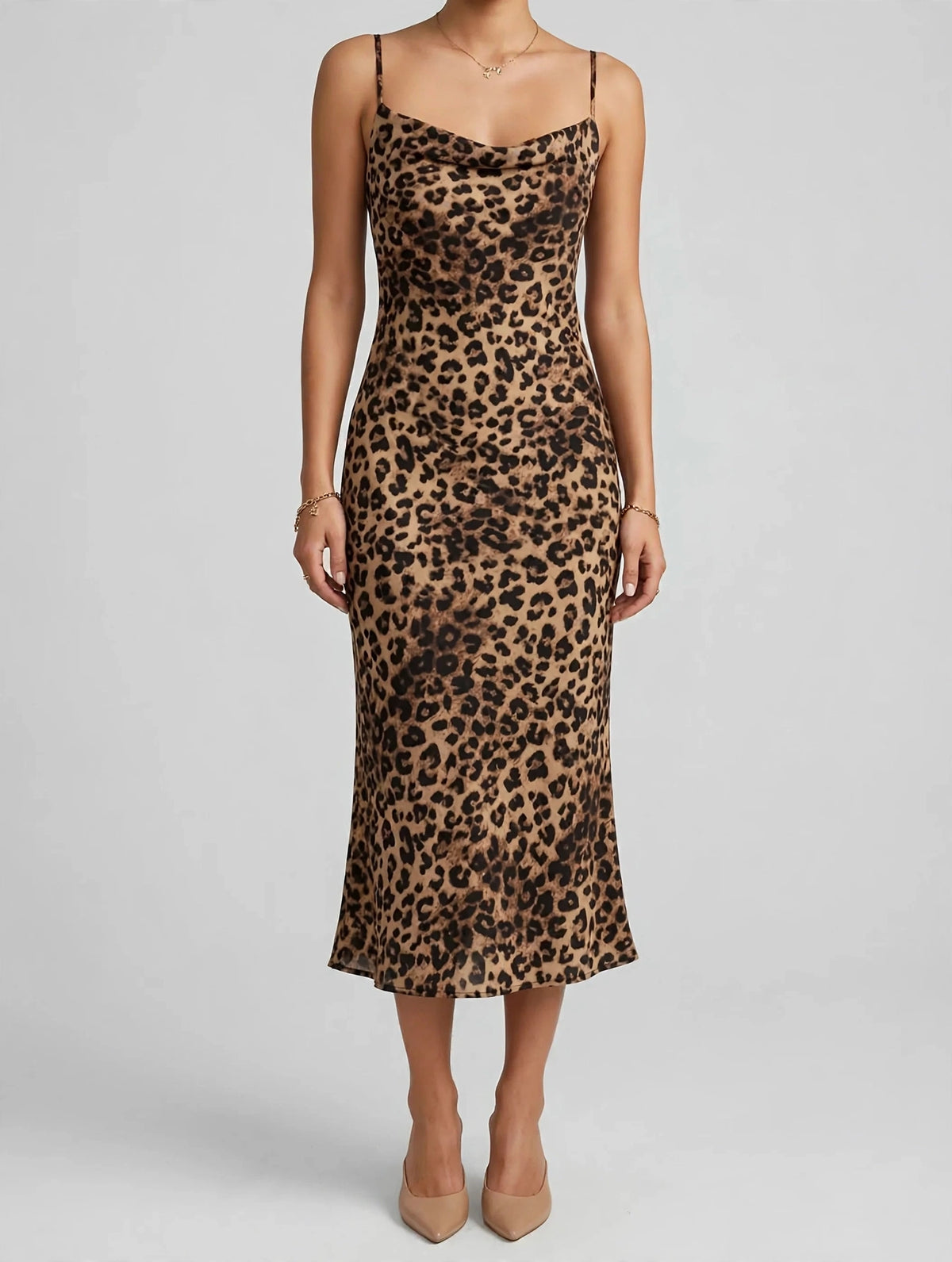 Leopard Spaghetti Strap Midi Dress