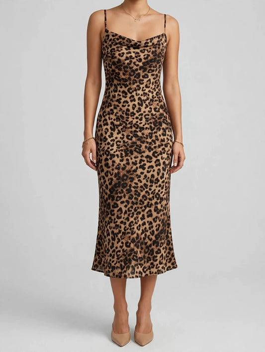 Leopard Spaghetti Strap Midi Dress