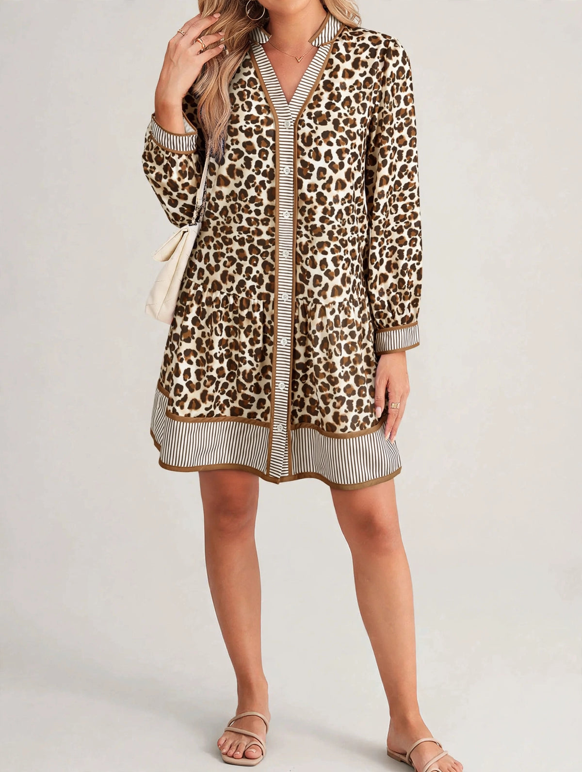 Leopard Print Striped Patchwork 3/4 Sleeve Loose Mini Dress