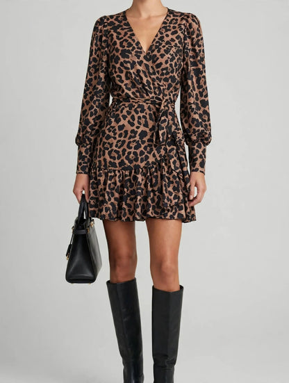 Tied Leopard Surplice Long Sleeve Dress