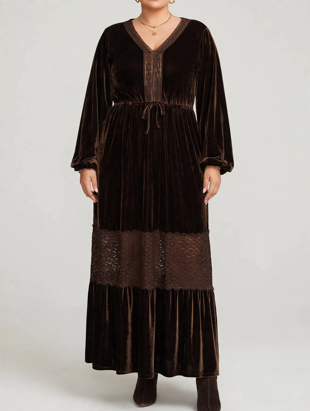 Plus Size V-Neck Balloon Sleeve Maxi Dress