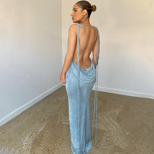 LYRA: Open Back Slim Cami Strap Long Dresses