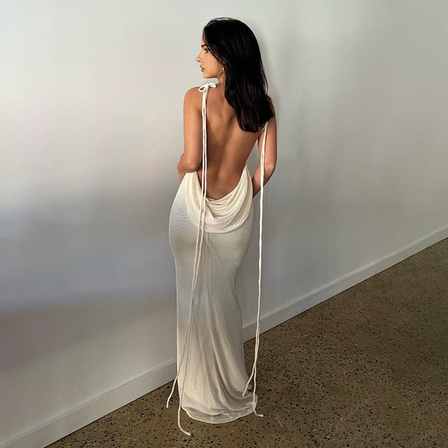 LYRA: Open Back Slim Cami Strap Long Dresses